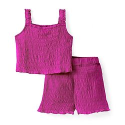 Pine Kids Cotton Woven Singlet Sleeves Top & Shorts Set with Smocking Detailing - Dark Pink