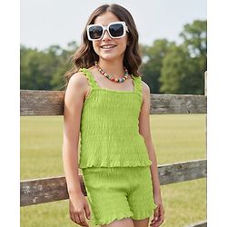 Pine Kids Cotton Woven Singlet Sleeves Smocked Top & Shorts Set - Light Green