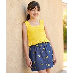 Pine Kids Cotton Woven Sleeveless Top & Skirt Set With Floral Embroidery - Yellow & Navy Blue