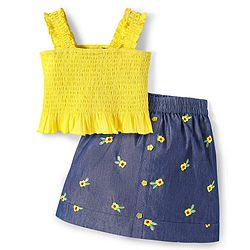 Pine Kids Cotton Woven Sleeveless Top & Skirt Set With Floral Embroidery - Yellow & Navy Blue