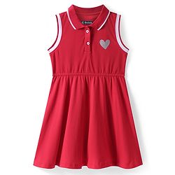 Pine Kids Cotton Knit Sleeveless Collared Dress with Foil Heart Print - Red