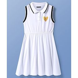 Pine Kids Cotton Knit Sleeveless Collared Frock with Glitter Heart Print - White