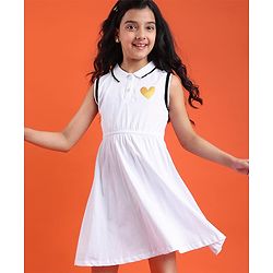 Pine Kids Cotton Knit Sleeveless Collared Frock with Glitter Heart Print - White