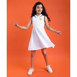 Pine Kids Cotton Knit Sleeveless Collared Frock with Glitter Heart Print - White