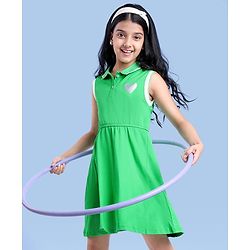Pine Kids Cotton Knit Sleeveless Collared Dress with Foil Heart Print - Light Green