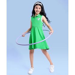 Pine Kids Cotton Knit Sleeveless Collared Dress with Foil Heart Print - Light Green