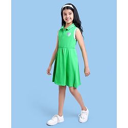 Pine Kids Cotton Knit Sleeveless Collared Dress with Foil Heart Print - Light Green