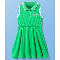Pine Kids Cotton Knit Sleeveless Collared Dress with Foil Heart Print - Light Green