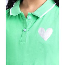 Pine Kids Cotton Knit Sleeveless Collared Dress with Foil Heart Print - Light Green