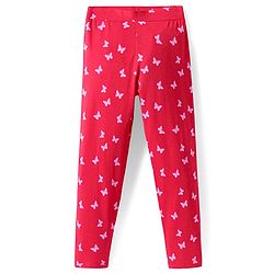 Pine Kids Cotton Lycra Knit Full Length Leggings with Butterfly Print - Red