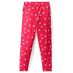 Pine Kids Cotton Lycra Knit Full Length Leggings with Butterfly Print - Red