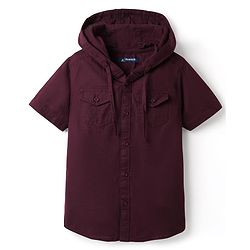 Pine Kids Cotton Woven Half Sleeves Solid Colour Hooded Shirt - Wine