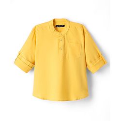 Pine Kids Cotton Woven Mandarin Collar Full Sleeves Solid Colour Kurta Style Shirt - Yellow