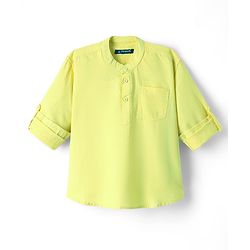 Pine Kids Cotton Woven Mandarin Collar Full Sleeves Solid Colour Kurta Style Shirt - Yellow