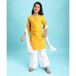 Pine Kids Woven Three Fourth Sleeves Floral & Sequin Embroidered Kurta Salwar Set with Dupatta - Mustard