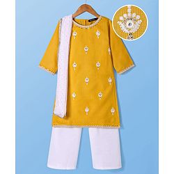 Pine Kids Woven Three Fourth Sleeves Floral & Sequin Embroidered Kurta Salwar Set with Dupatta - Mustard