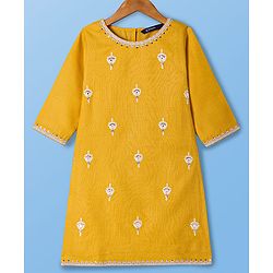 Pine Kids Woven Three Fourth Sleeves Floral & Sequin Embroidered Kurta Salwar Set with Dupatta - Mustard