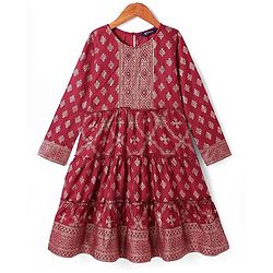Pine Kids Viscose Woven Full Sleeves Foil Printed Kurta Churidar Set with Dupatta - Maroon
