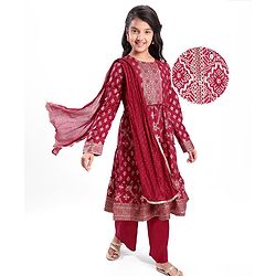 Pine Kids Viscose Woven Full Sleeves Foil Printed Kurta Churidar Set with Dupatta - Maroon