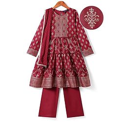 Pine Kids Viscose Woven Full Sleeves Foil Printed Kurta Churidar Set with Dupatta - Maroon