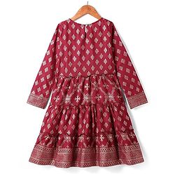 Pine Kids Viscose Woven Full Sleeves Foil Printed Kurta Churidar Set with Dupatta - Maroon