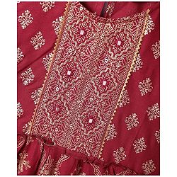 Pine Kids Viscose Woven Full Sleeves Foil Printed Kurta Churidar Set with Dupatta - Maroon