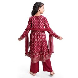 Pine Kids Viscose Woven Full Sleeves Foil Printed Kurta Churidar Set with Dupatta - Maroon