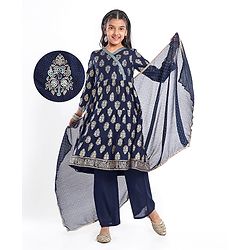 Pine Kids Viscose Woven Full Sleeves Foil Printed Kurta Churidar Set with Dupatta - Navy