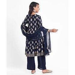 Pine Kids Viscose Woven Full Sleeves Foil Printed Kurta Churidar Set with Dupatta - Navy