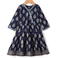 Pine Kids Viscose Woven Full Sleeves Foil Printed Kurta Churidar Set with Dupatta - Navy