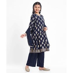 Pine Kids Viscose Woven Full Sleeves Foil Printed Kurta Churidar Set with Dupatta - Navy