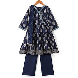 Pine Kids Viscose Woven Full Sleeves Foil Printed Kurta Churidar Set with Dupatta - Navy