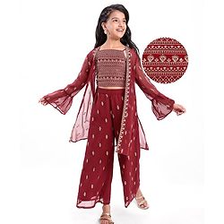 Pine Kids  Woven  Top and Palazzo with Full Sleeves Sequin Detailing Shrug - Maroon