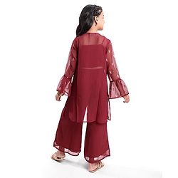 Pine Kids  Woven  Top and Palazzo with Full Sleeves Sequin Detailing Shrug - Maroon