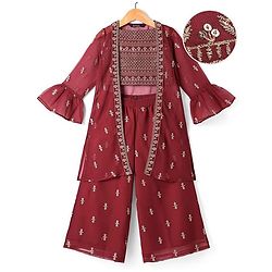 Pine Kids  Woven  Top and Palazzo with Full Sleeves Sequin Detailing Shrug - Maroon