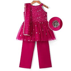 Pine Kids Woven Sleeveless Floral Embroidered Kurti Salwar Set with Dupatta & Sequin Detailing - Dark Pink