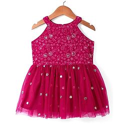 Pine Kids Woven Sleeveless Floral Embroidered Kurti Salwar Set with Dupatta & Sequin Detailing - Dark Pink