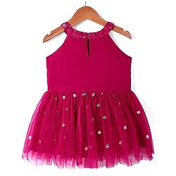 Pine Kids Woven Sleeveless Floral Embroidered Kurti Salwar Set with Dupatta & Sequin Detailing - Dark Pink