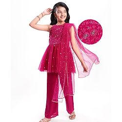 Pine Kids Woven Sleeveless Floral Embroidered Kurti Salwar Set with Dupatta & Sequin Detailing - Dark Pink