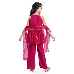Pine Kids Woven Sleeveless Floral Embroidered Kurti Salwar Set with Dupatta & Sequin Detailing - Dark Pink