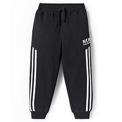 Pine Kids Cotton Knit Full Length Track Pants with Tape Detailing - Black