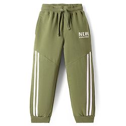 Pine Kids Cotton Knit Full Length Text Printed Lounge Pant with Cut & Sew Design - Olive Green