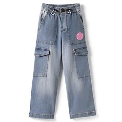 Pine Kids Denim Woven Full Length Washed Jeans With Text Patch & Cargo Pockets - Blue
