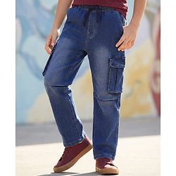 Pine Kids Woven Full Length Washed Denim Jeans With Cargo Pockets - Blue