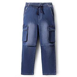 Pine Kids Woven Full Length Washed Denim Jeans With Cargo Pockets - Blue