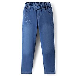 Pine Kids Full Length Washed Denim Jeans with Hearts Rhinestone Print - Blue