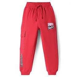 Pine Kids Cotton Knit Full Length Lounge Pants With Racer Text Print - Red