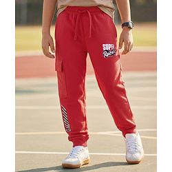 Pine Kids Cotton Knit Full Length Lounge Pants With Racer Text Print - Red