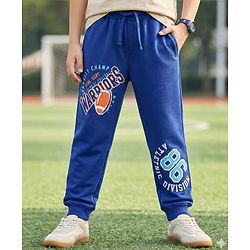 Pine Kids Knit Full Length Lounge Pants with Text Print - Blue