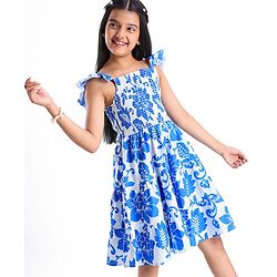 Pine Kids Cotton Woven Frilled Sleeves Frocks with Smock Detailing & Floral Print - Blue & White